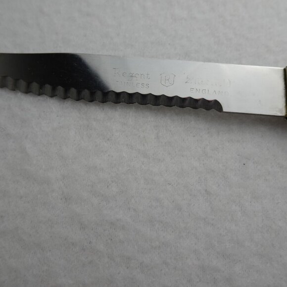 6 REGENT SHEFFIELD Steak Knives Stainless Blade Faux Antler Handle Original Box - Picture 11 of 14